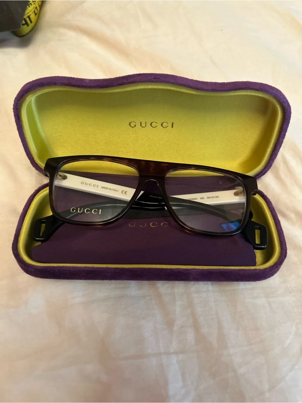 Gucci Brown Tortoiseshell Rectangular Eyeglasses with Purple & Lime Case